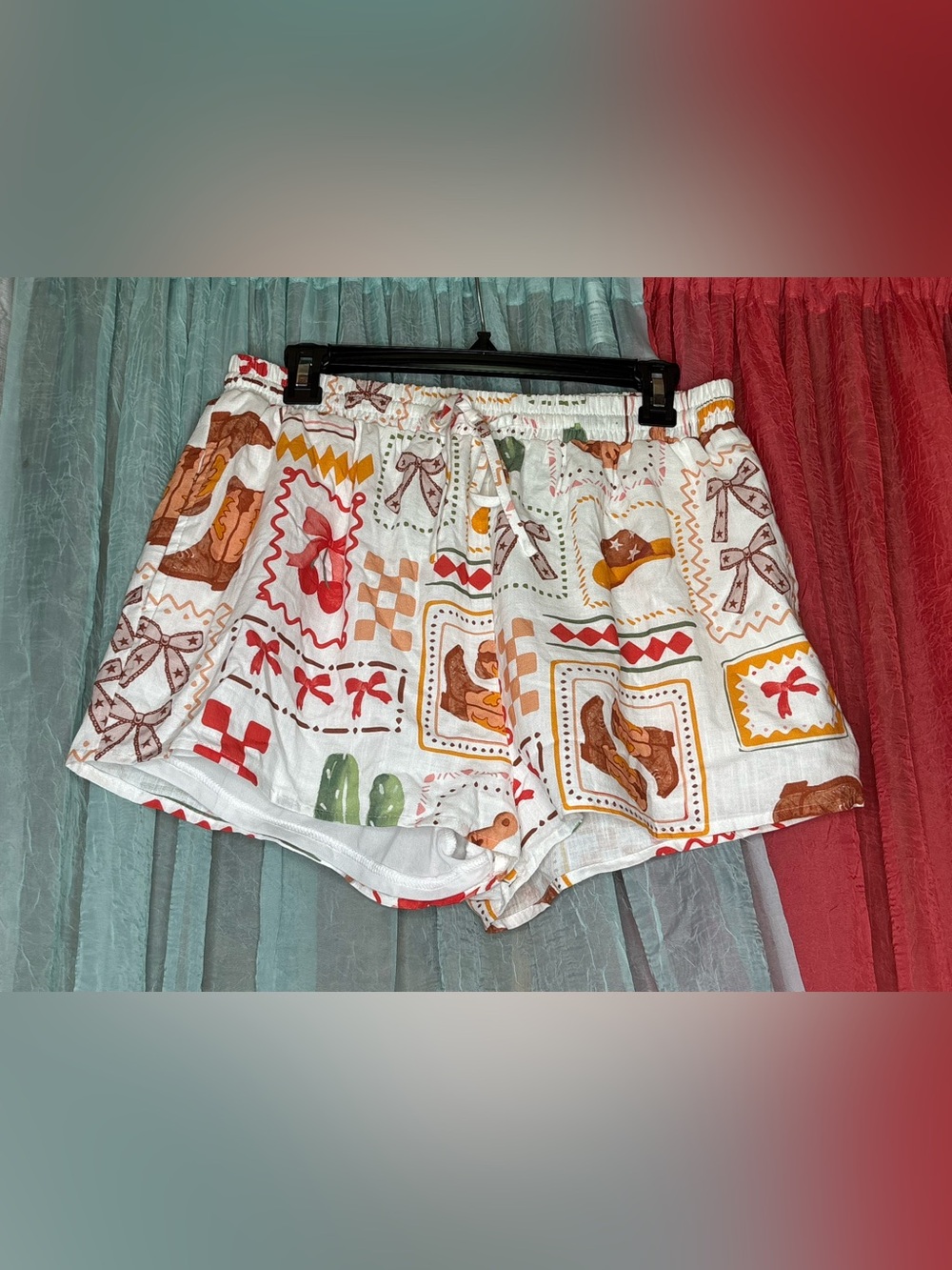 White Printed Athletic Drawstring Shorts with Western Motif